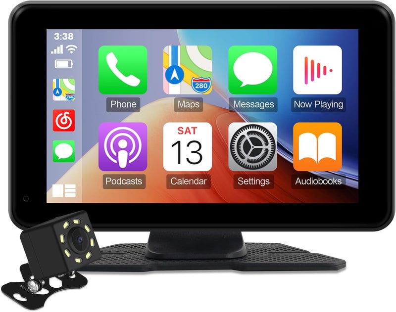 FeirTon شاشة سيارة محمولة 7" HD لاسلكية مع Carplay لنظام الصوت في السيارة شاشة تعمل باللمس مع Carplay من Apple وAndroid Auto جهاز لوحي للسيارة مع كاميرا خلفية/رابط مرآة/تحكم صوتي/Bluetooth/GPS لجميع المركبات - Image 1